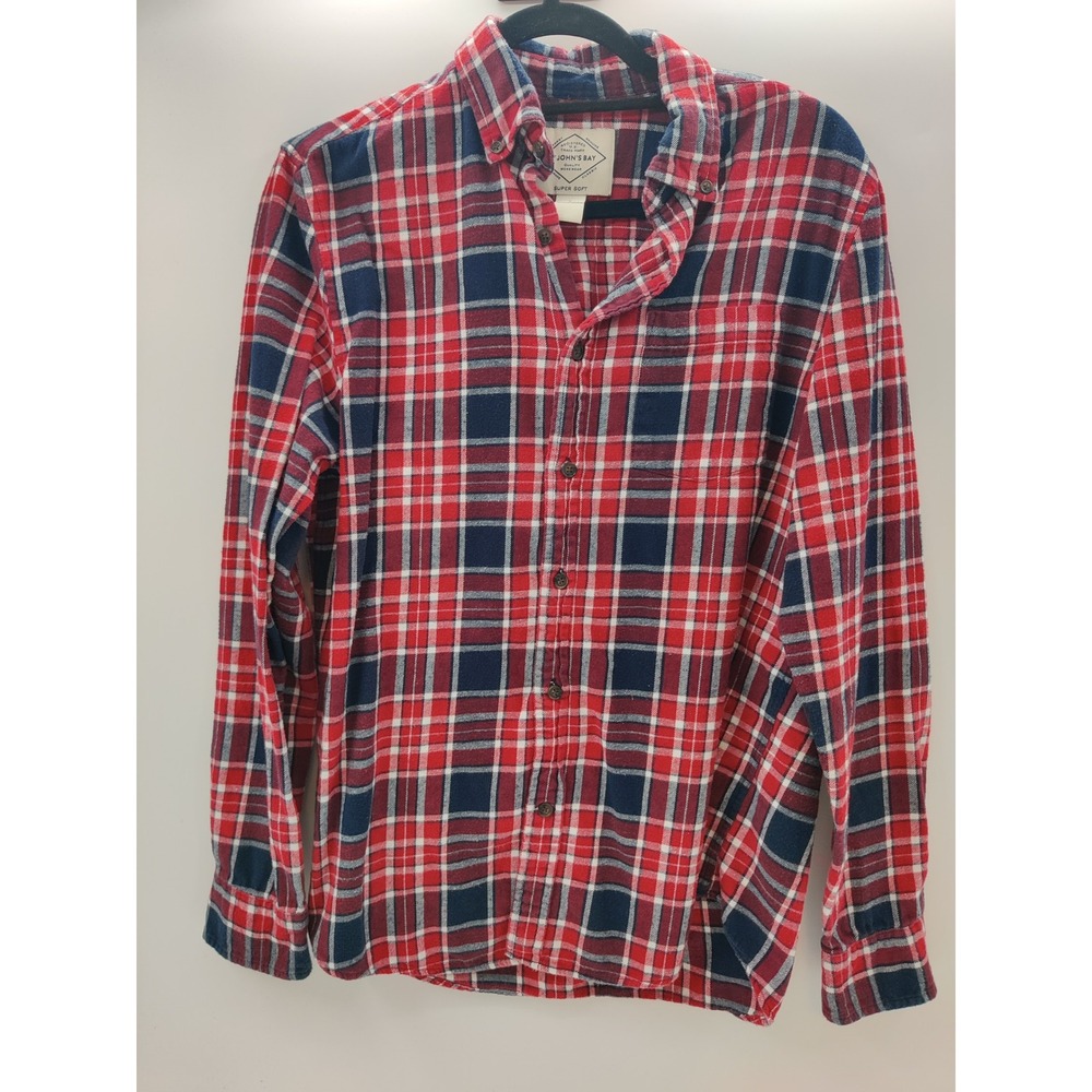St Johns Bay Mens Small Red Navy Blue Plaid Flannel Button Down Shirt Super Soft